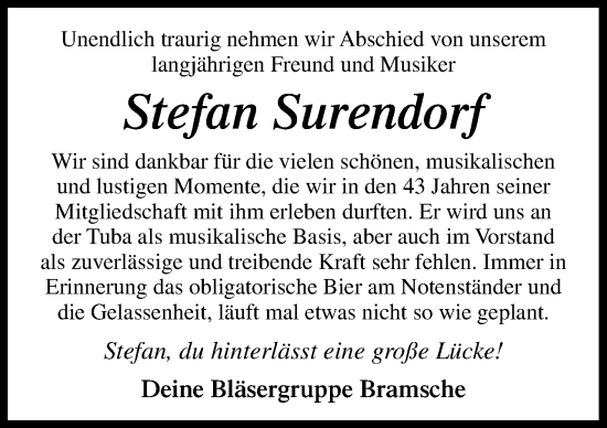 Traueranzeige von Stefan Surendorf von Neue Osnabrücker Zeitung GmbH & Co. KG