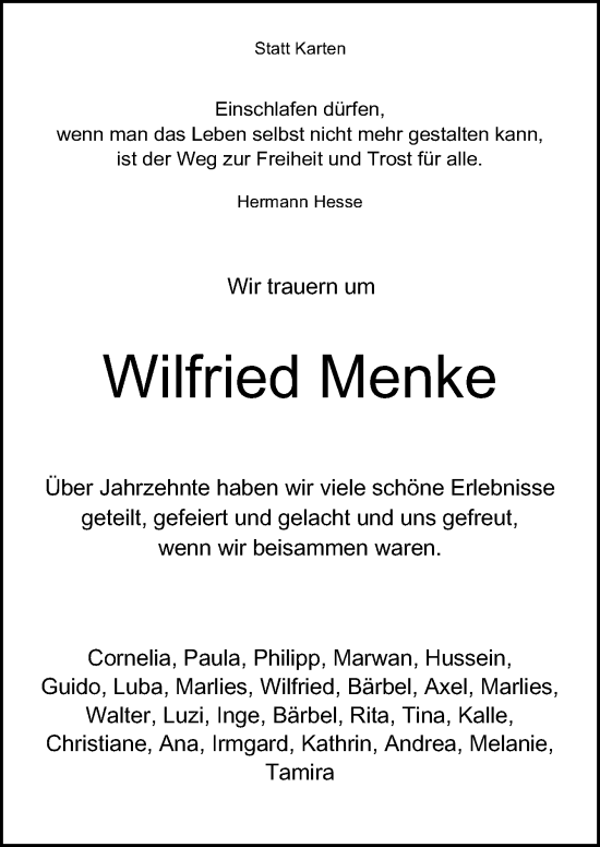 Traueranzeige von Wilfried Menke von Neue Osnabrücker Zeitung GmbH & Co. KG
