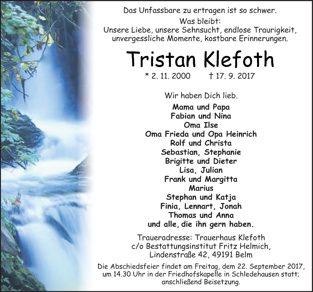  Traueranzeige für Tristan Klefoth vom 20.09.2017 aus Neue Osnabrücker Zeitung GmbH & Co. KG