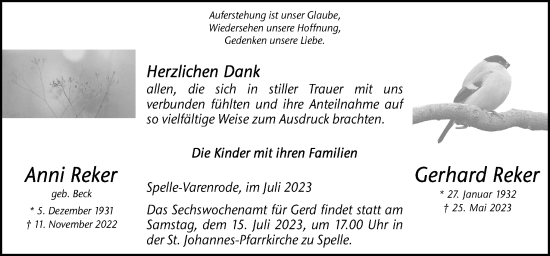 Traueranzeige von Anni und Gerhard Reker von Neue Osnabrücker Zeitung GmbH & Co. KG