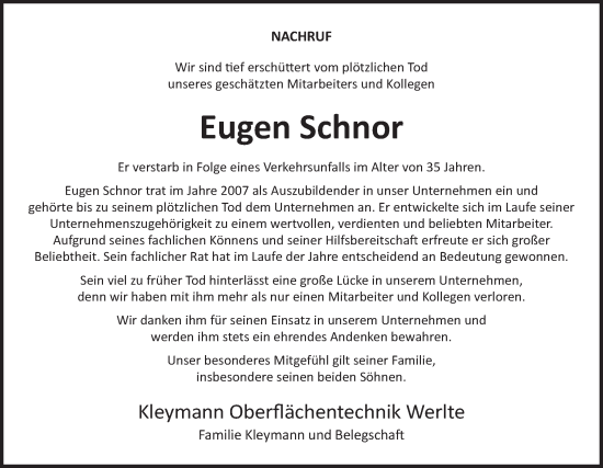 Traueranzeige von Eugen Schnor von Neue Osnabrücker Zeitung GmbH & Co. KG