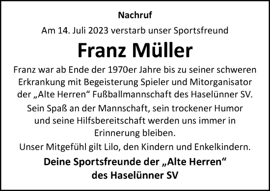 Traueranzeigen von Franz Müller noz Trauerportal