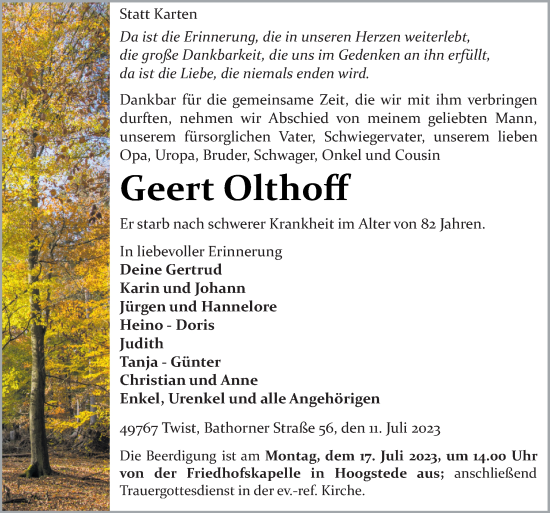 Traueranzeige von Geert Olthoff von Neue Osnabrücker Zeitung GmbH & Co. KG