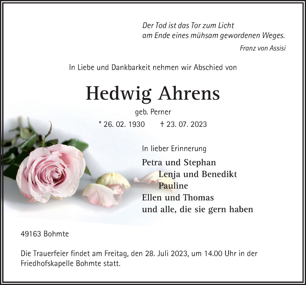 Traueranzeigen Von Hedwig Ahrens Noz Trauerportal