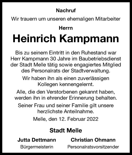 Traueranzeige von Heinrich Kampmann von Neue Osnabrücker Zeitung GmbH & Co. KG