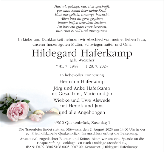 Traueranzeigen Von Hildegard Haferkamp Noz Trauerportal