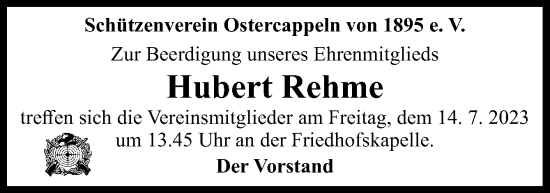 Traueranzeige von Hubert Rehme von Neue Osnabrücker Zeitung GmbH & Co. KG