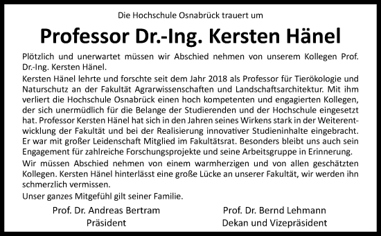Traueranzeige von Kersten Hänel von Neue Osnabrücker Zeitung GmbH & Co. KG