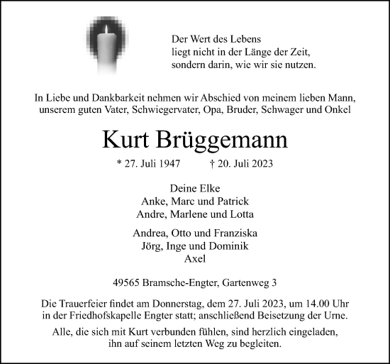 Traueranzeigen von Kurt Brüggemann noz Trauerportal