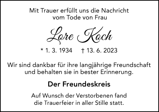 Traueranzeigen Von Lore Koch Noz Trauerportal