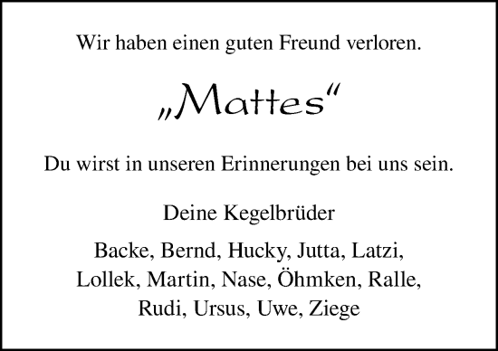 Traueranzeige von Mattes  von Neue Osnabrücker Zeitung GmbH & Co. KG