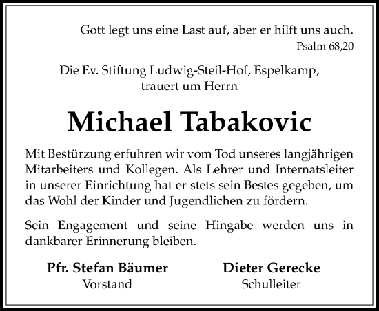 Traueranzeige von Michael Tabakovic von Neue Osnabrücker Zeitung GmbH & Co. KG