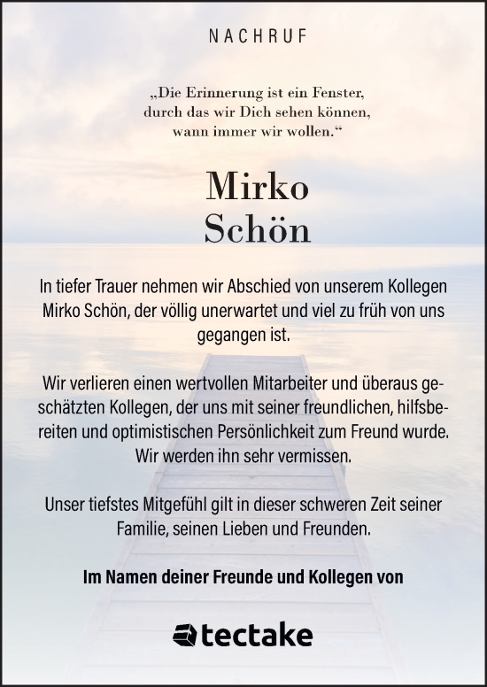 Traueranzeige von Mirko Schön von Neue Osnabrücker Zeitung GmbH & Co. KG
