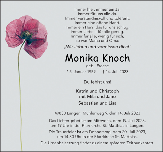 Traueranzeigen Von Monika Knoch Noz Trauerportal