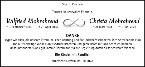Traueranzeige von Wilfried und Christa Mohrahrend von Neue Osnabrücker Zeitung GmbH & Co. KG