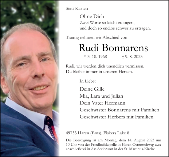 Traueranzeigen Von Rudi Bonnarens Noz Trauerportal