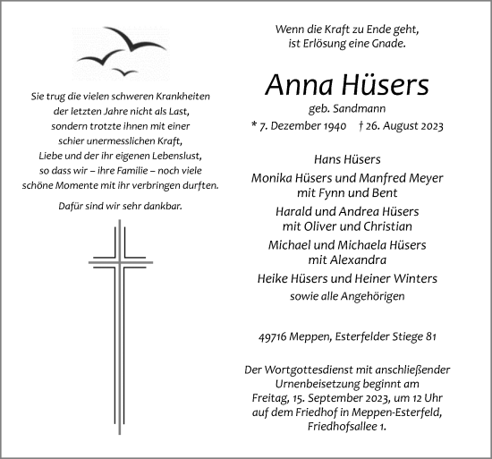 Traueranzeigen Von Anna H Sers Noz Trauerportal