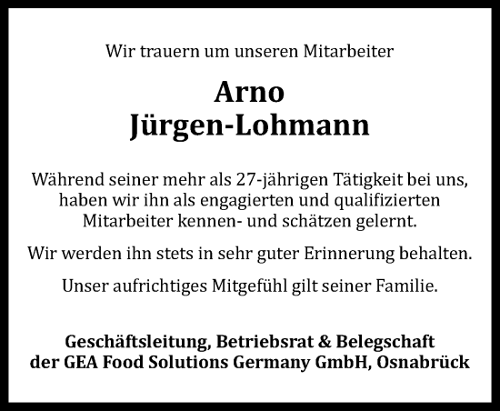 Traueranzeige von Arno Jürgen-Lohmann von Neue Osnabrücker Zeitung GmbH & Co. KG