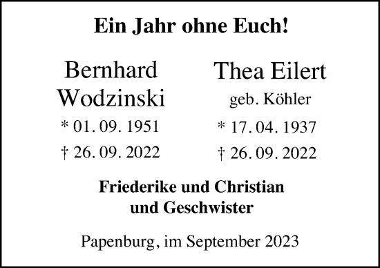 Traueranzeige von Bernhard und Thea  von Neue Osnabrücker Zeitung GmbH & Co. KG