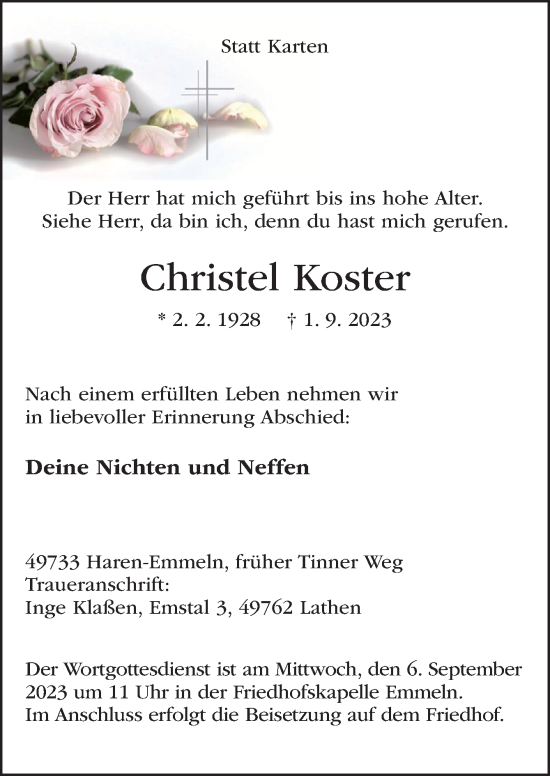 Traueranzeigen Von Christel Koster Noz Trauerportal