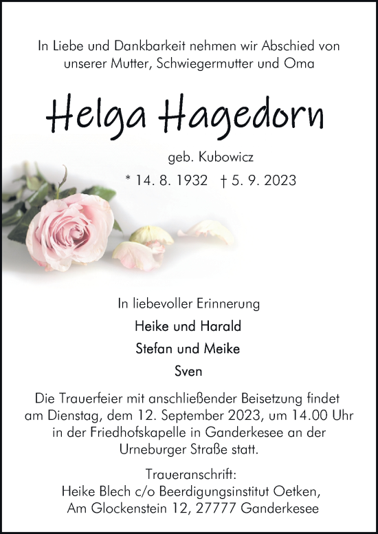 Traueranzeigen Von Helga Hagedorn Noz Trauerportal