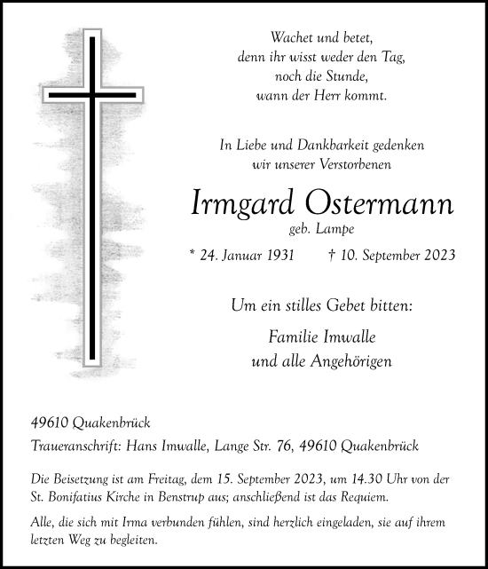 Traueranzeigen Von Irmgard Ostermann Noz Trauerportal