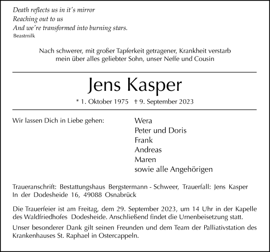 Traueranzeigen Von Jens Kasper Noz Trauerportal