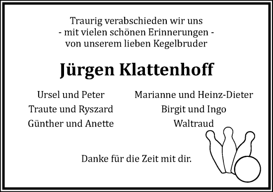 Traueranzeige von Jürgen Klattenhoff von DK Medien GmbH & Co. KG