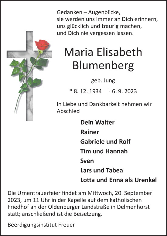 Traueranzeigen Von Maria Elisabeth Blumenberg Noz Trauerportal