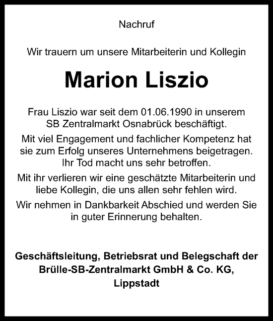 Traueranzeige von Marion Liszio von Neue Osnabrücker Zeitung GmbH & Co. KG