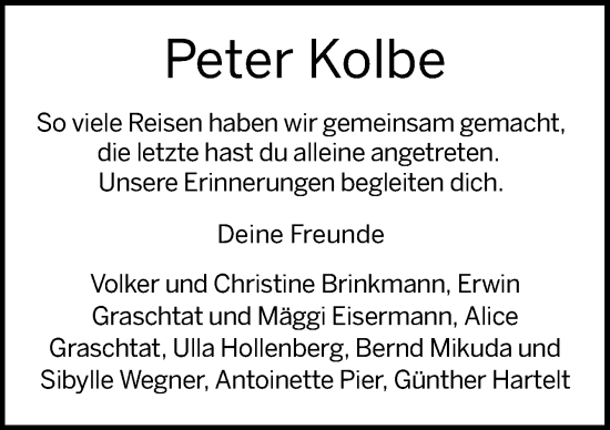 Traueranzeige von Peter Kolbe von Neue Osnabrücker Zeitung GmbH & Co. KG