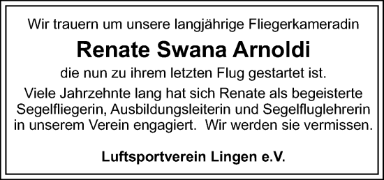 Traueranzeige von Renate Swana Arnoldi von Neue Osnabrücker Zeitung GmbH & Co. KG