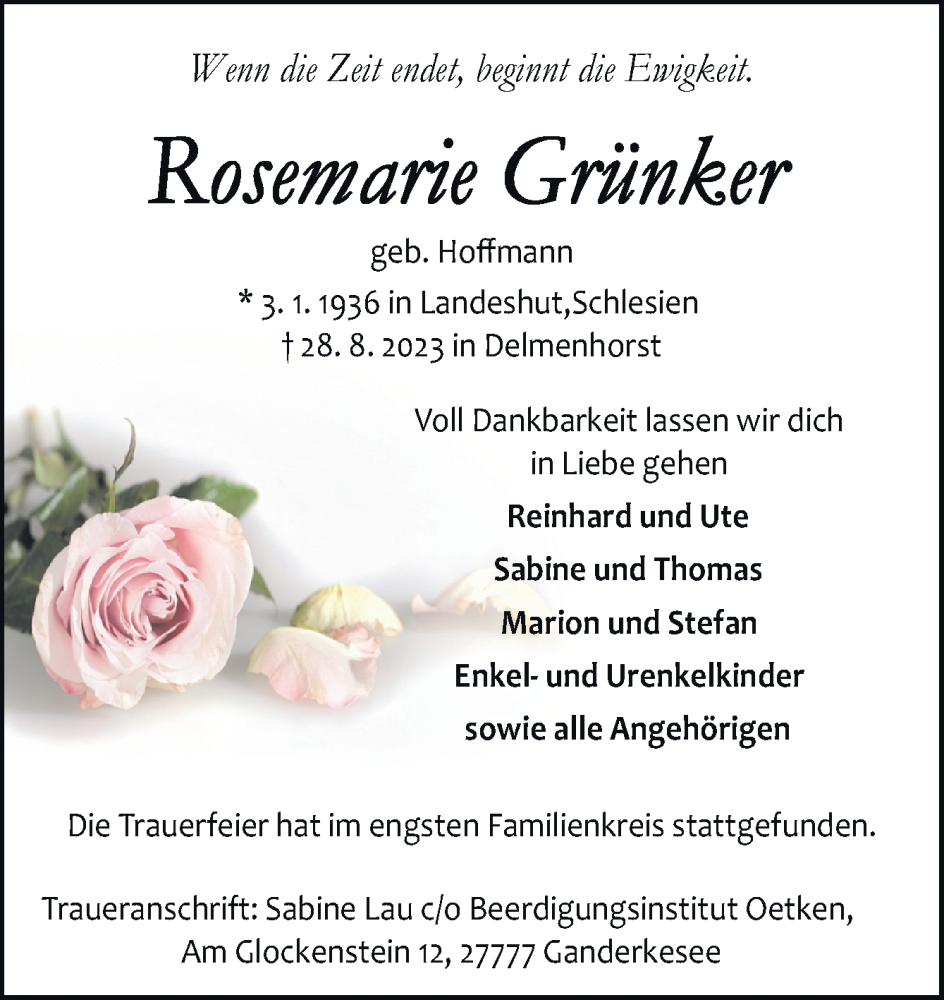 Traueranzeigen Von Rosemarie Gr Nker Noz Trauerportal