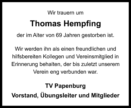 Traueranzeige von Thomas Hempfing von Neue Osnabrücker Zeitung GmbH & Co. KG