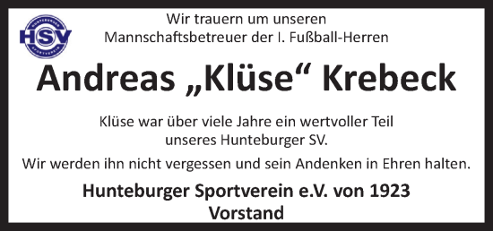 Traueranzeige von Andreas Krebeck von Neue Osnabrücker Zeitung GmbH & Co. KG