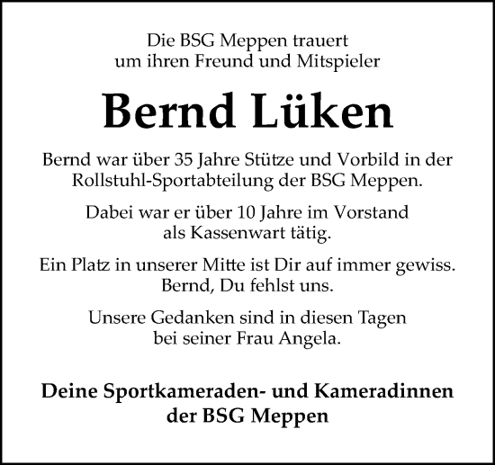 Traueranzeige von Bernd Lüken von Neue Osnabrücker Zeitung GmbH & Co. KG