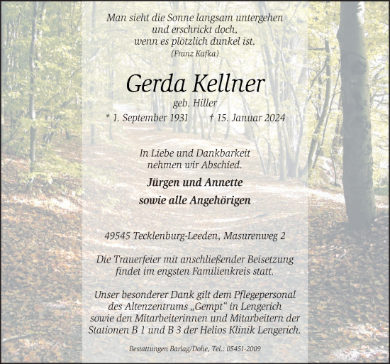 Traueranzeigen Von Gerda Kellner Noz Trauerportal