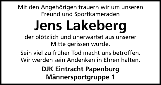 Traueranzeige von Jens Lakeberg von Neue Osnabrücker Zeitung GmbH & Co. KG