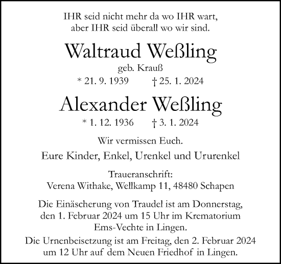 Traueranzeige von Waltraud und Alexander Weßling von Neue Osnabrücker Zeitung GmbH & Co. KG