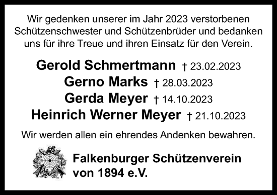 Traueranzeige von Wir gedenken unserer im Jahr 2023 verstorbenen Schützenschwester und Schützenbrüder  von DK Medien GmbH & Co. KG