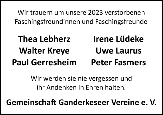 Traueranzeige von Wir trauern Gemeinschaft Ganderkeseer Vereine e. V. von DK Medien GmbH & Co. KG