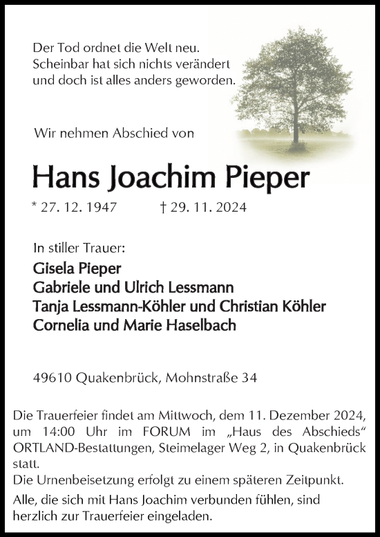 Traueranzeigen Von Hans Joachim Pieper Noz Trauerportal