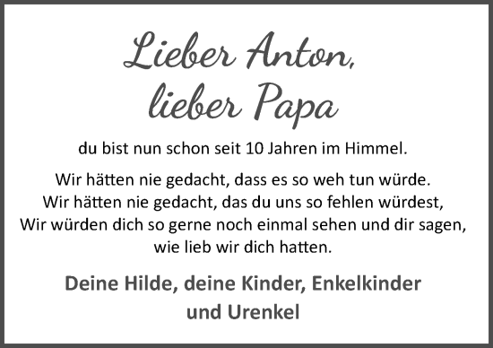 Traueranzeige von Anton  von Neue Osnabrücker Zeitung GmbH & Co. KG