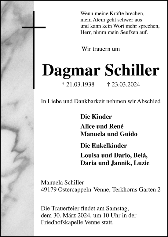 Traueranzeige von Dagmar Schiller von Neue Osnabrücker Zeitung GmbH & Co. KG