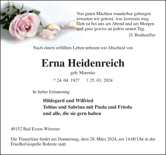 Traueranzeige von Erna Heidenreich von Neue Osnabrücker Zeitung GmbH & Co. KG