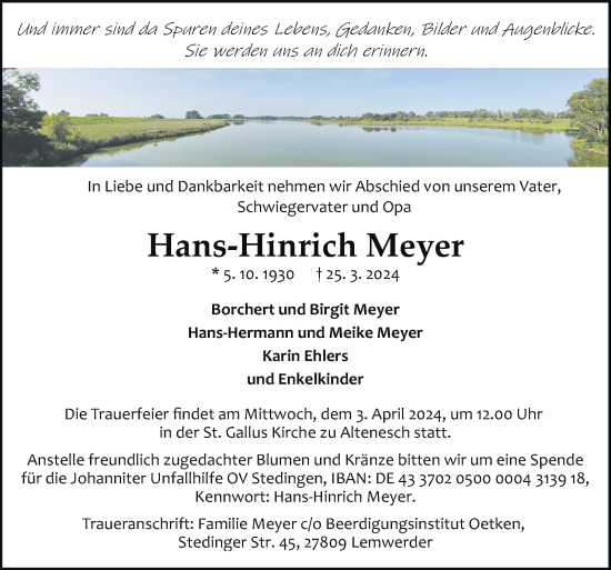 Traueranzeige von Hans-Hinrich Meyer von DK Medien GmbH & Co. KG