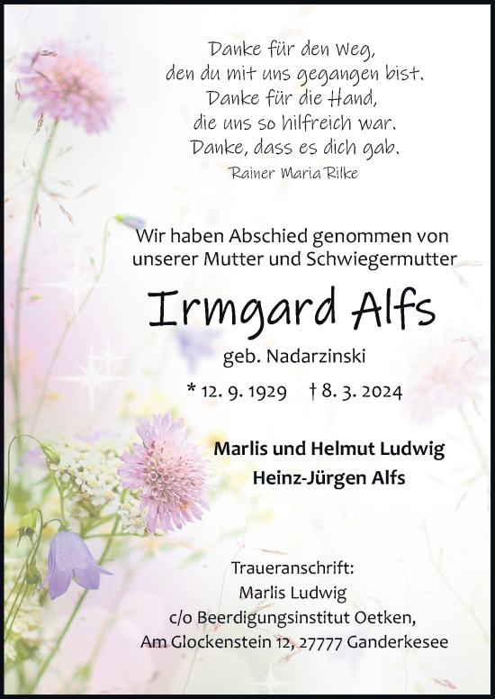 Traueranzeige von Irmgard Alfs von DK Medien GmbH & Co. KG