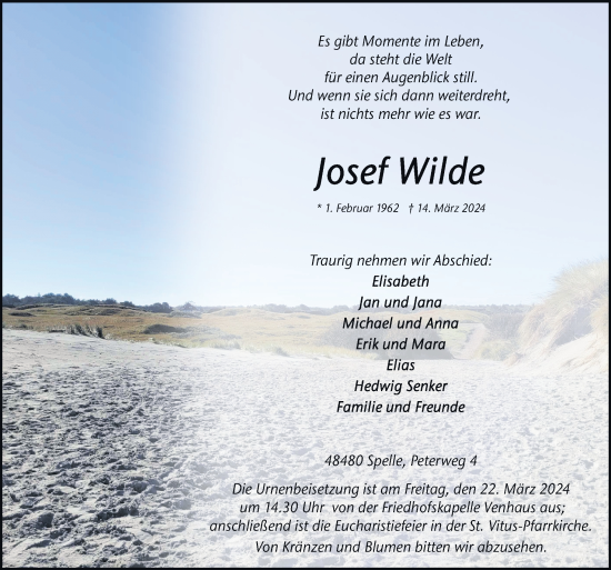 Traueranzeigen Von Josef Wilde Noz Trauerportal