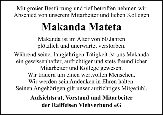 Traueranzeige von Makanda Mateta von DK Medien GmbH & Co. KG