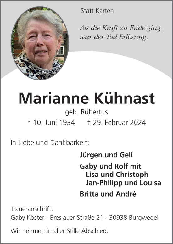 Traueranzeigen Von Marianne K Hnast Noz Trauerportal